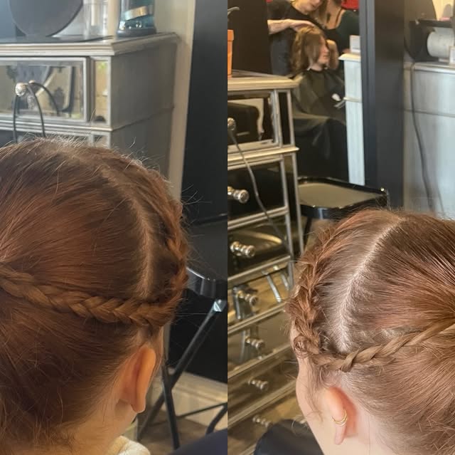 Braided crown style shown from two angles in the studio